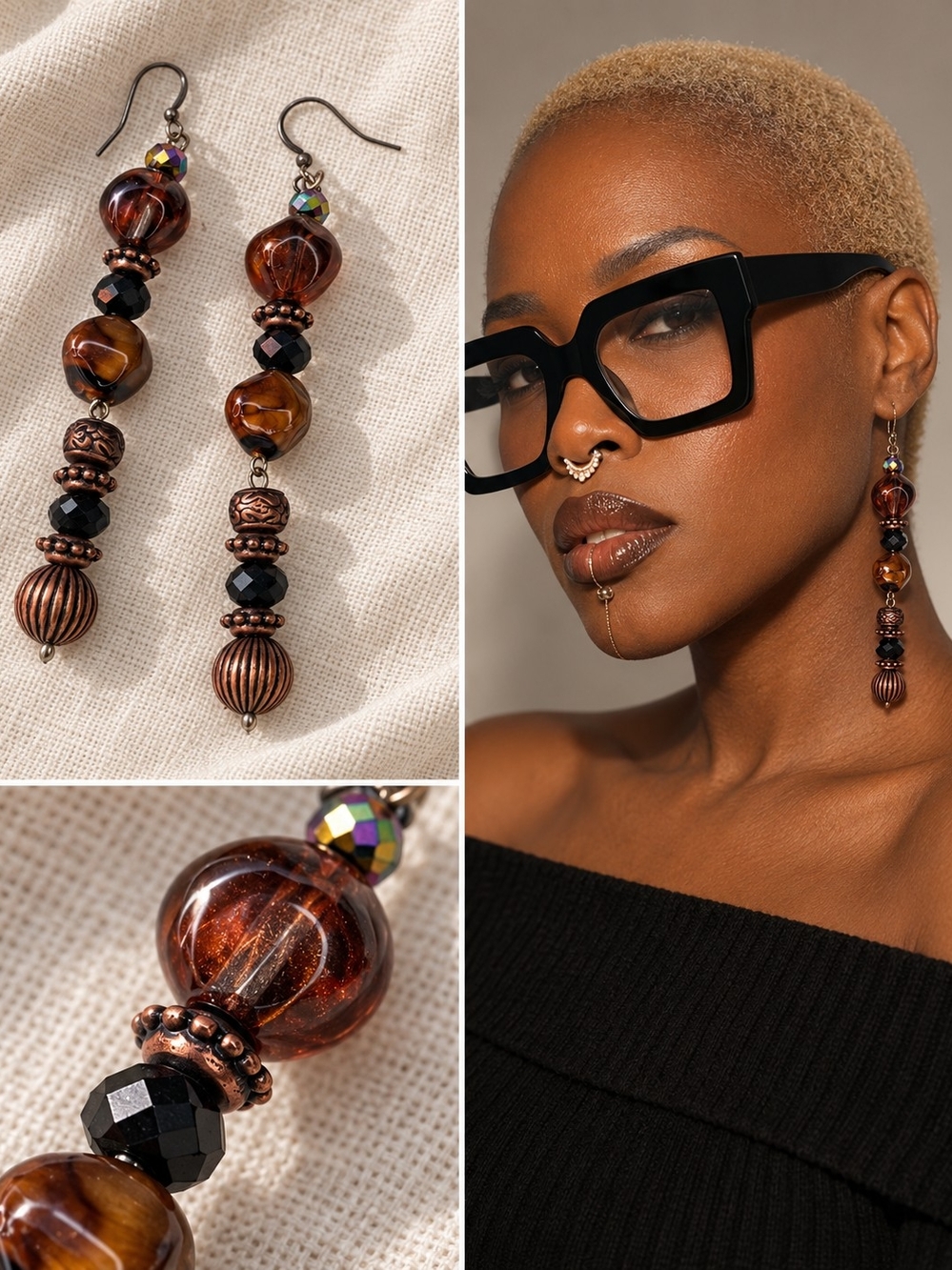 Handcrafted Brown Glass Bead Drop Earrings - Women Accessories